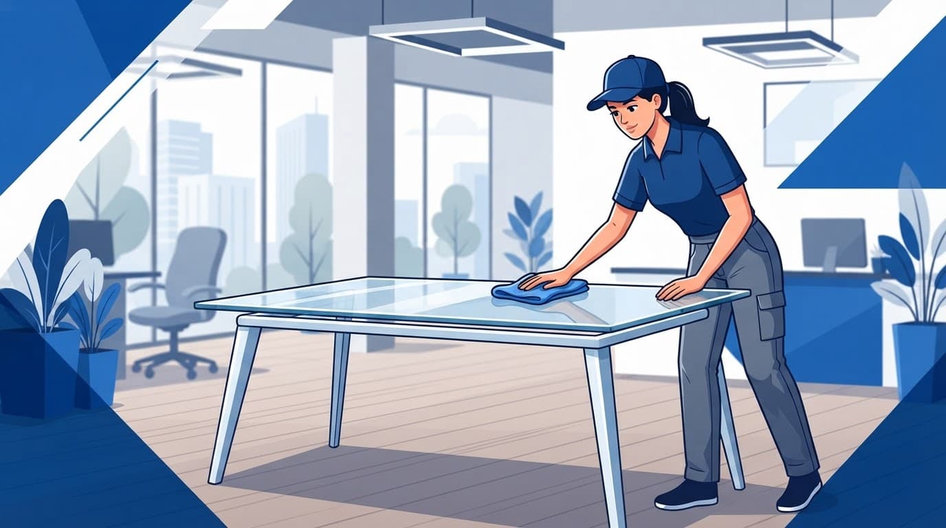 A cleaner wipes a modern glass office desk with a microfiber cloth.