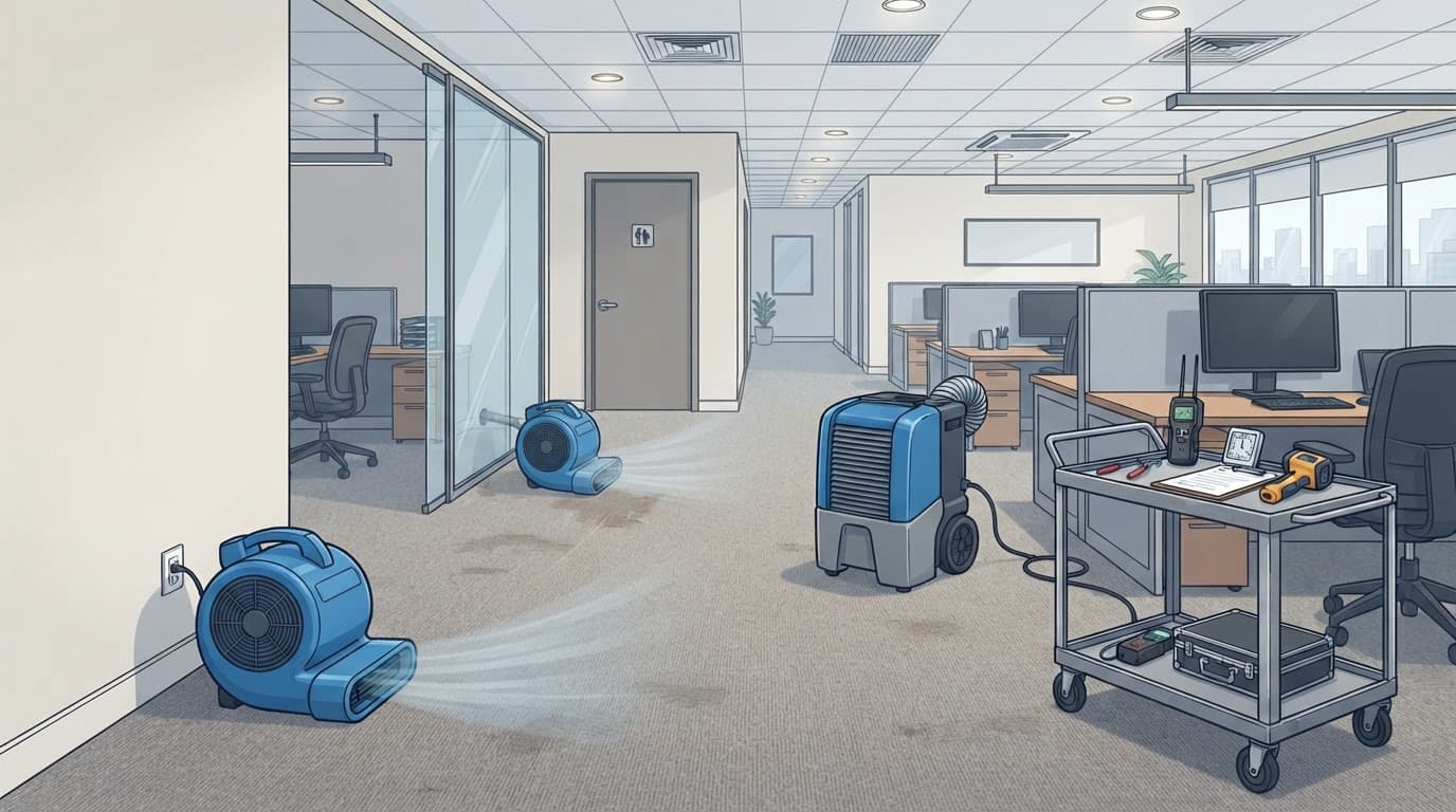 Office water damage cleanup structural drying with air movers and dehumidifier
