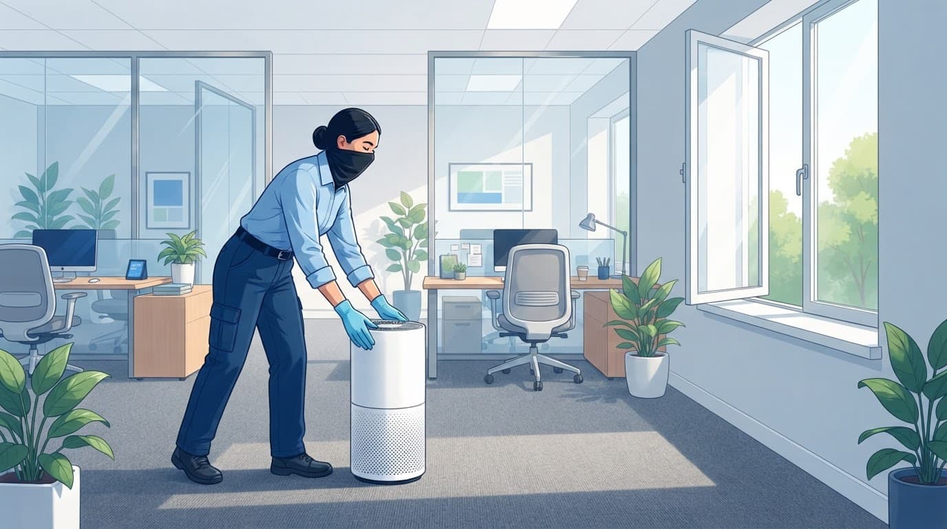 A cleaner places an air purifier near open windows in an empty modern office.