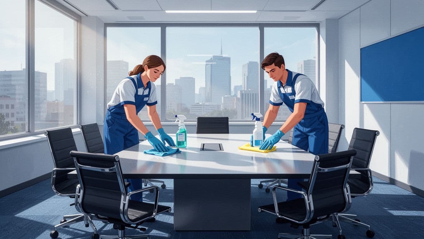 Two professional cleaners organize a conference room with blue cleaning supplies.