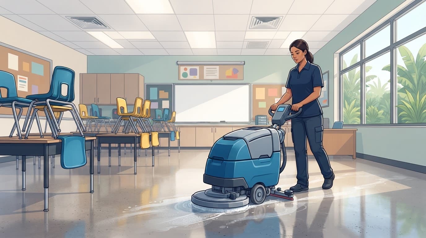 A worker uses a blue floor scrubber in an empty classroom with stacked chairs.