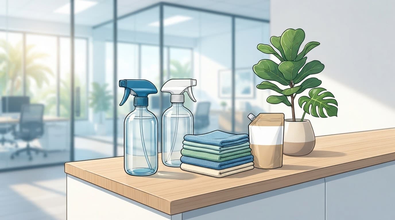 Low-VOC office cleaning kit arranged in a bright Southwest Florida office.