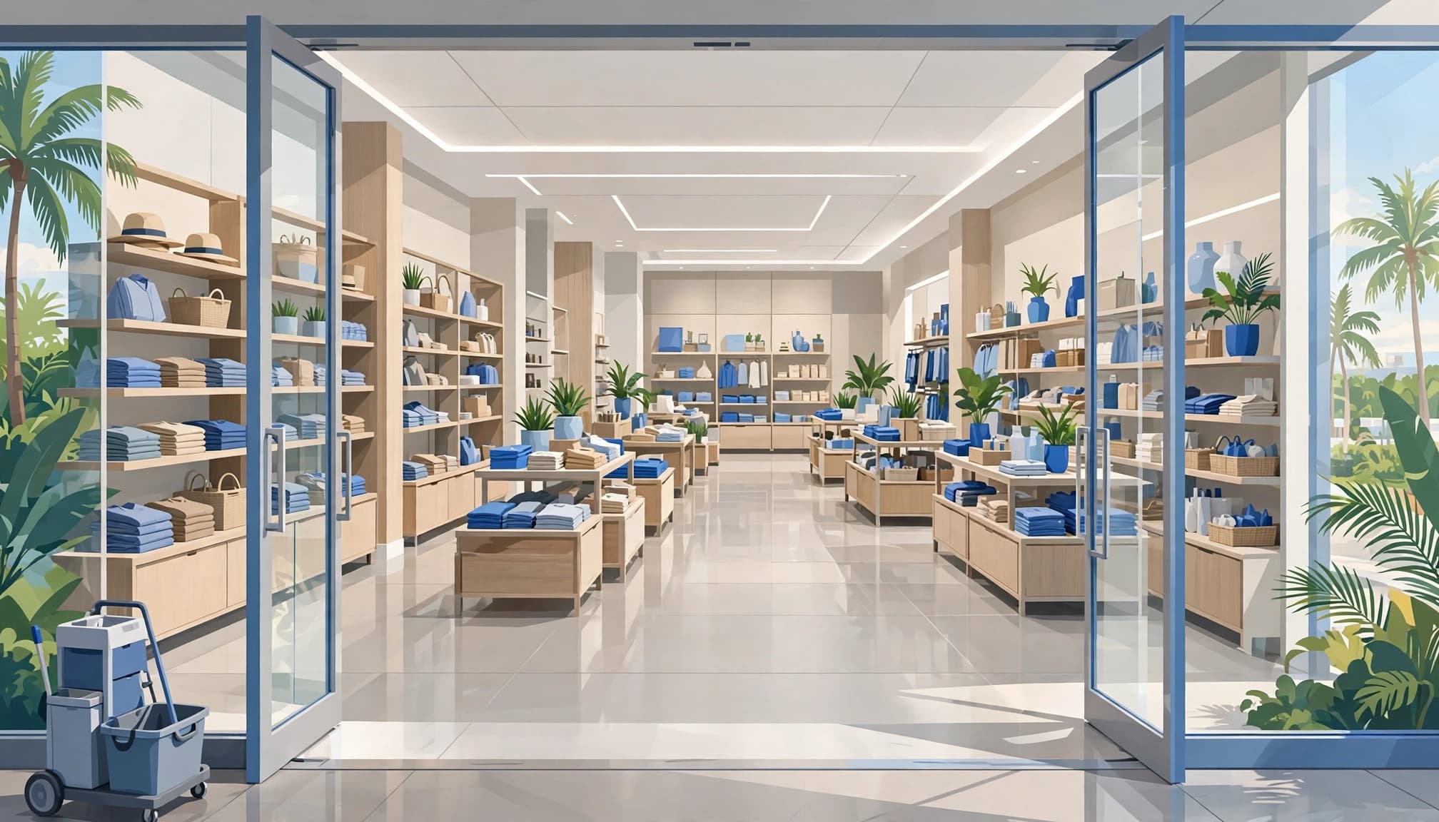 A retail store cleaning checklist starts with clear aisles, clean floors, and a tidy entrance.