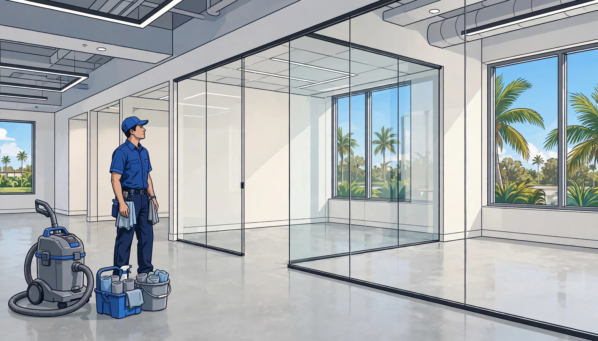 Cleaner inspecting a bright renovated office with a HEPA vacuum and microfiber supplies.