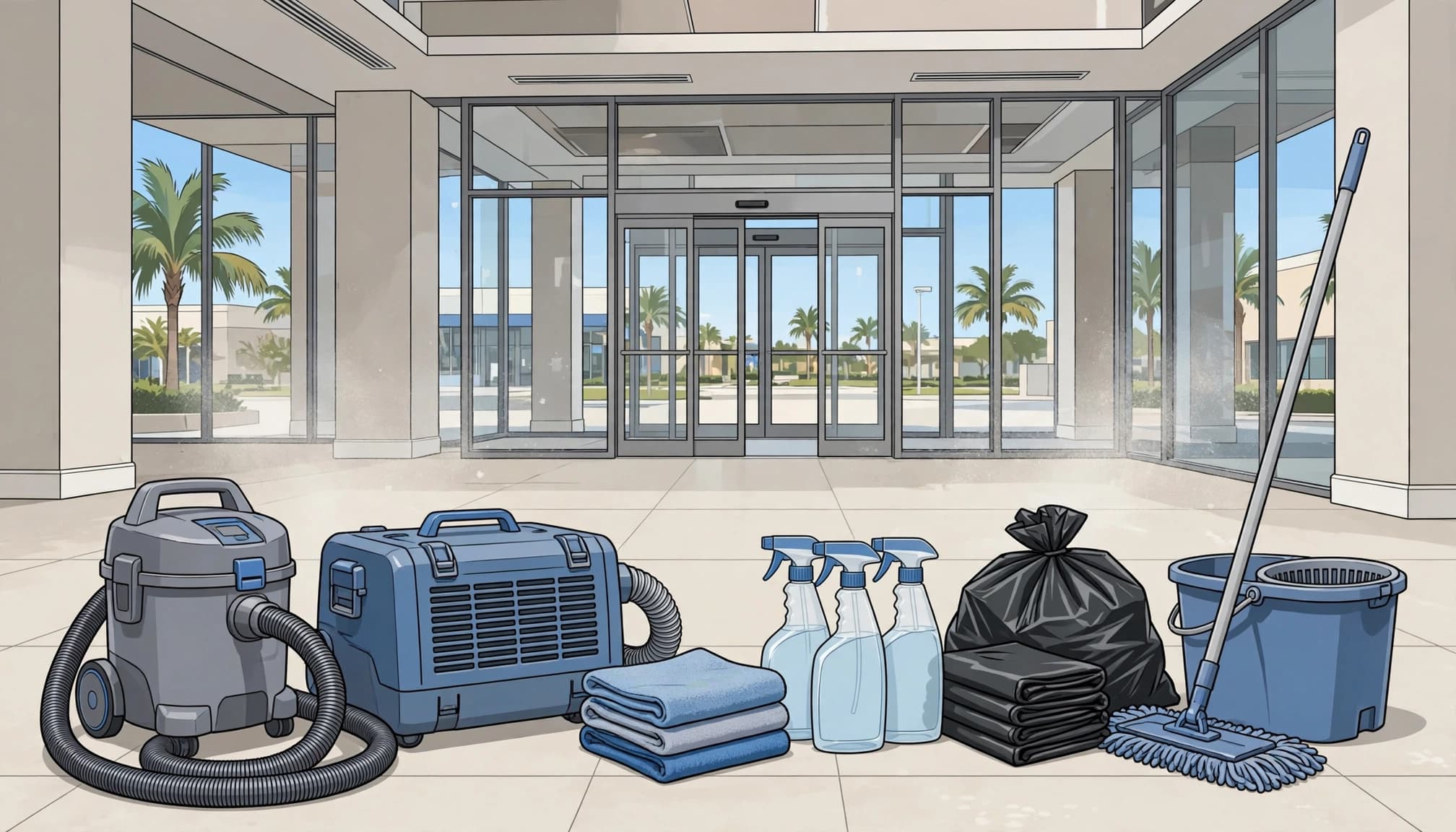 Cleaning equipment arranged in a nearly finished commercial lobby.