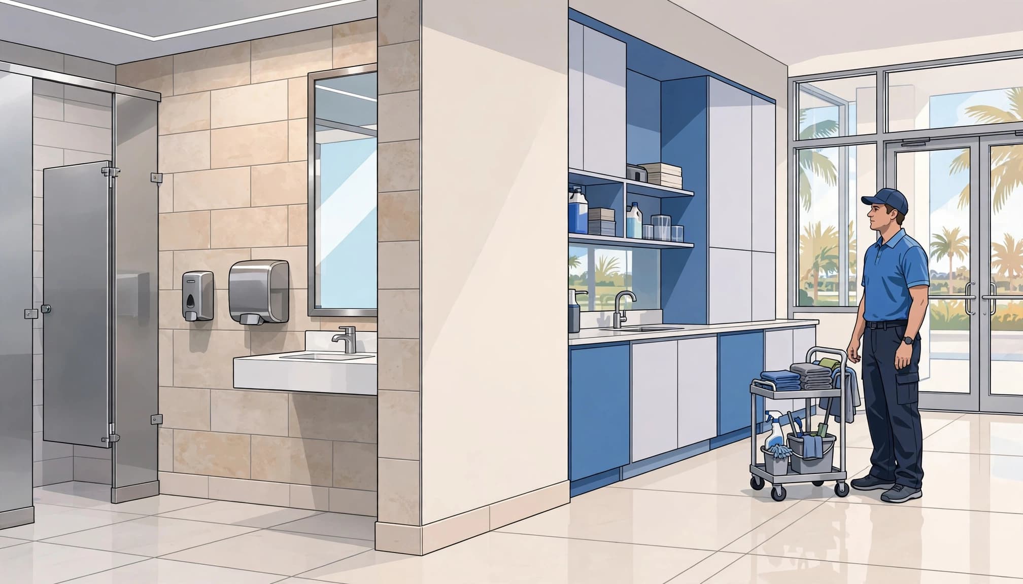 One cleaner inspects a tiled corridor beside a cart after construction.