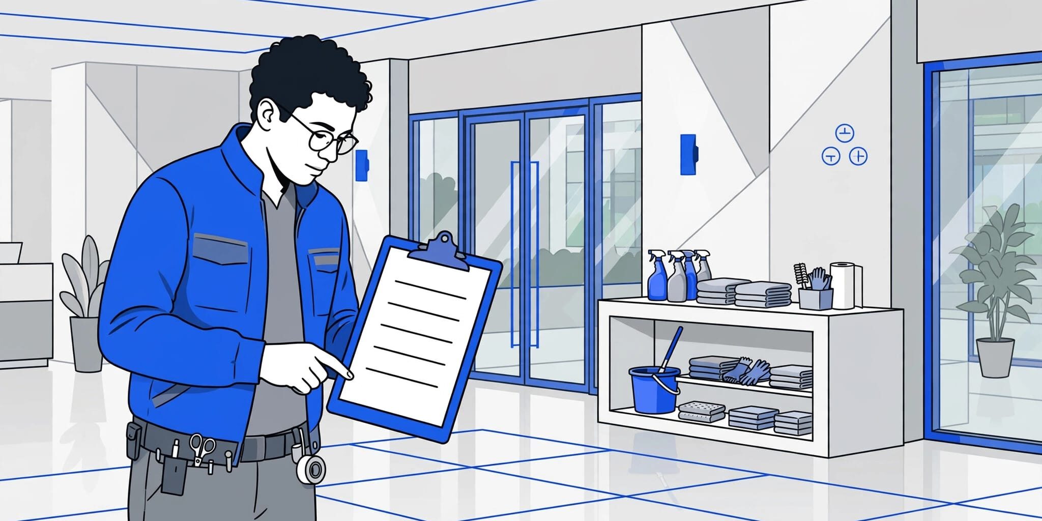 Commercial Cleaning Inspection Facility manager checking a clean office lobby with a clipboard and cleaning supplies.