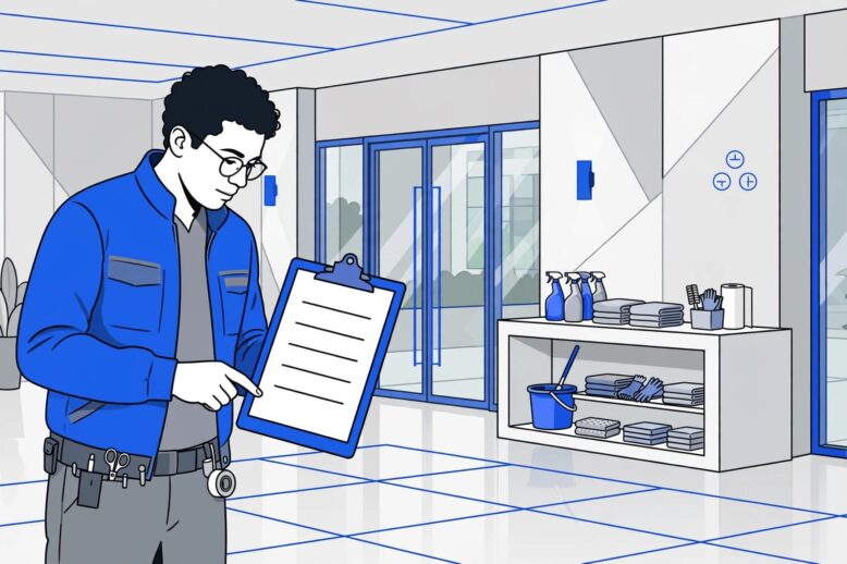 Commercial Cleaning Inspection Facility manager checking a clean office lobby with a clipboard and cleaning supplies.