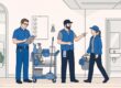 A manager oversees two cleaners beside a stocked cart in a bright office.