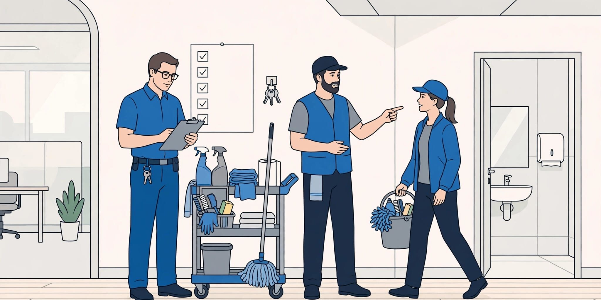 A manager oversees two cleaners beside a stocked cart in a bright office.