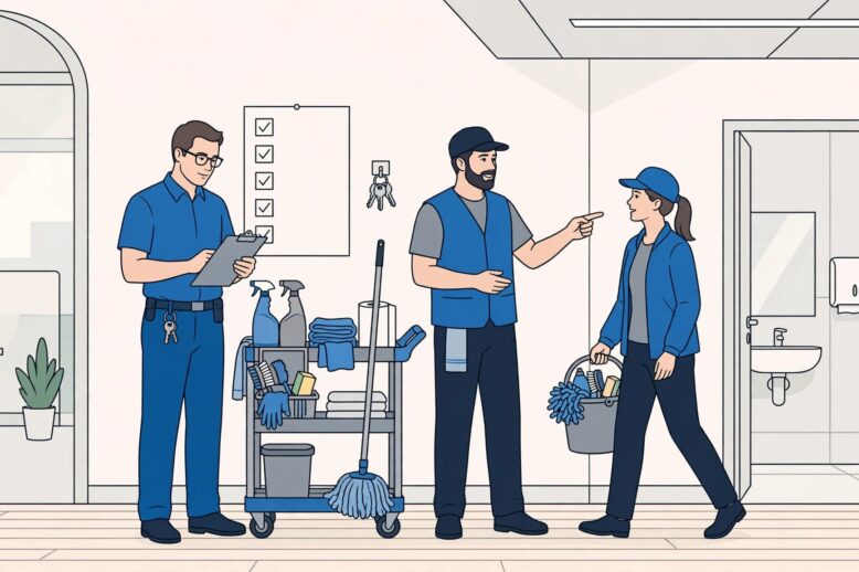 A manager oversees two cleaners beside a stocked cart in a bright office.