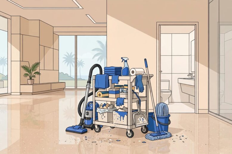 Commercial Lobby Cleaning Cart A cleaning cart stands in a bright lobby with polished floors and glass doors.