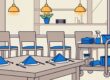 A set dining table stands beside a cleaning cart in a warmly lit restaurant.