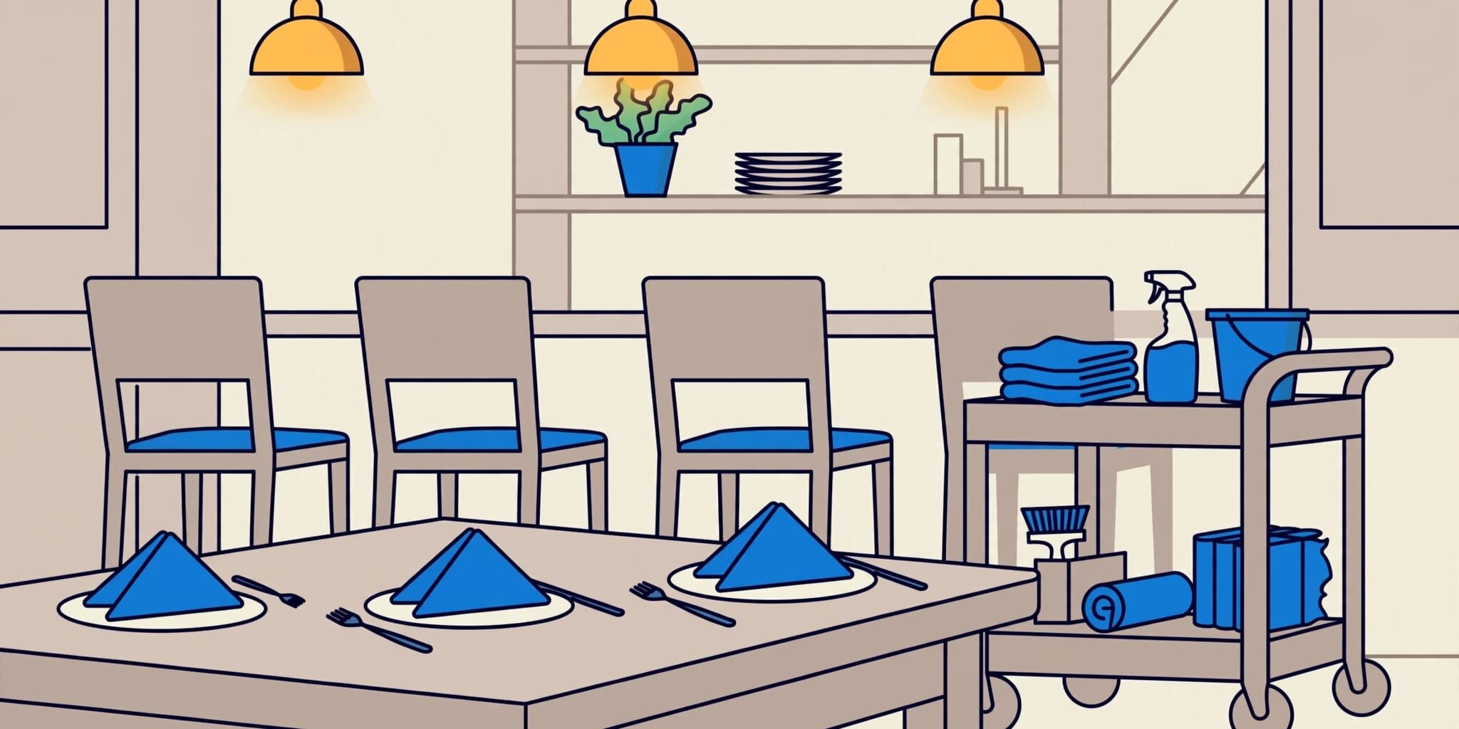A set dining table stands beside a cleaning cart in a warmly lit restaurant.