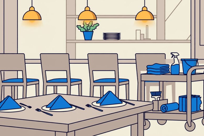 Reset Restaurant Dining Room A set dining table stands beside a cleaning cart in a warmly lit restaurant.
