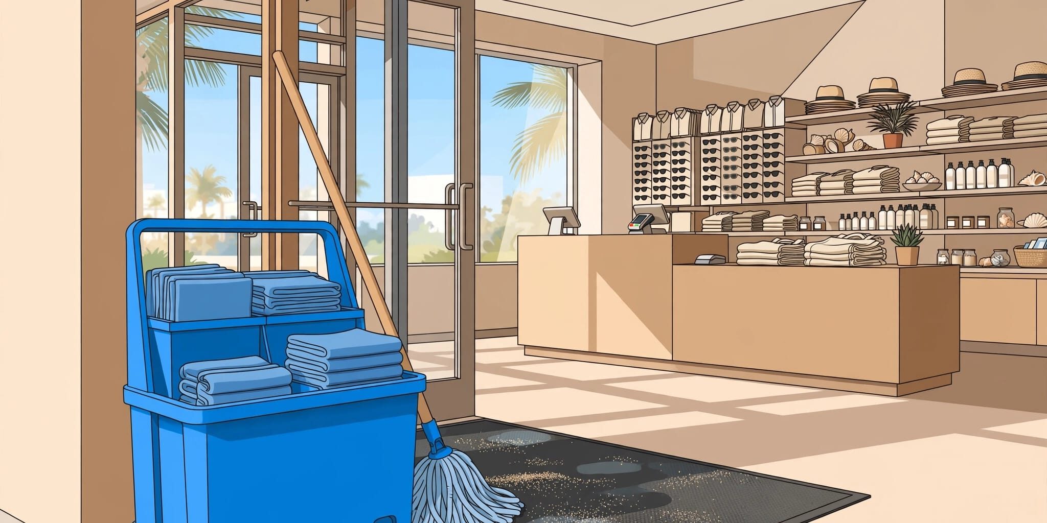 A blue cleaning caddy stands beside a sandy entry mat in a bright shop.