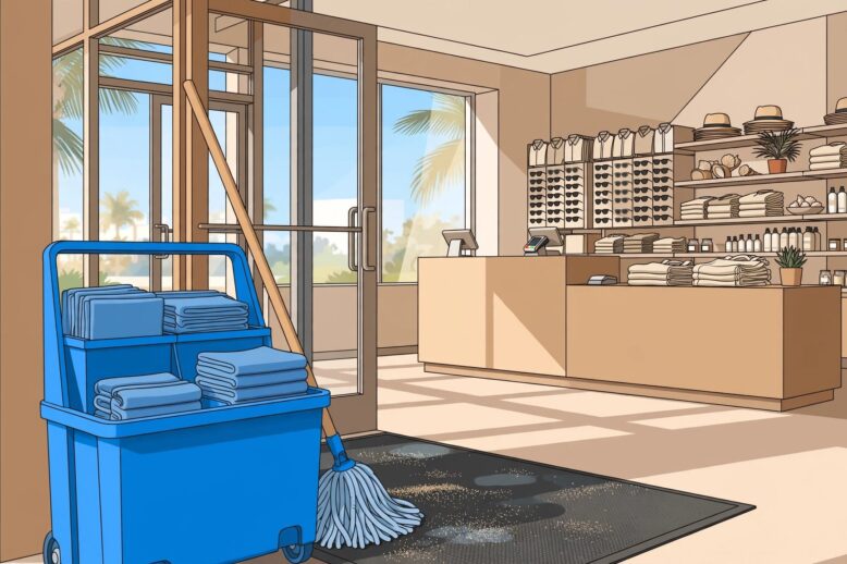 Sunlit Retail Store Entrance A blue cleaning caddy stands beside a sandy entry mat in a bright shop.