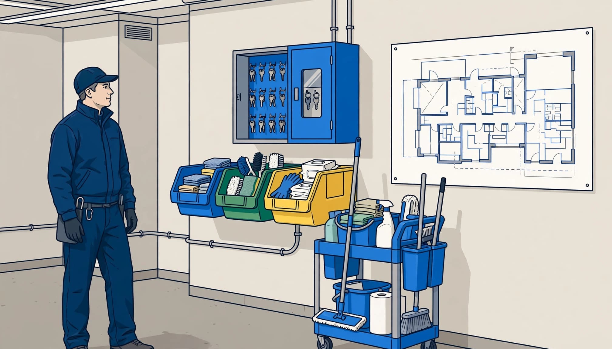 Janitorial service gaps are prevented when replacement cleaning staff receive organized access and supply instructions.