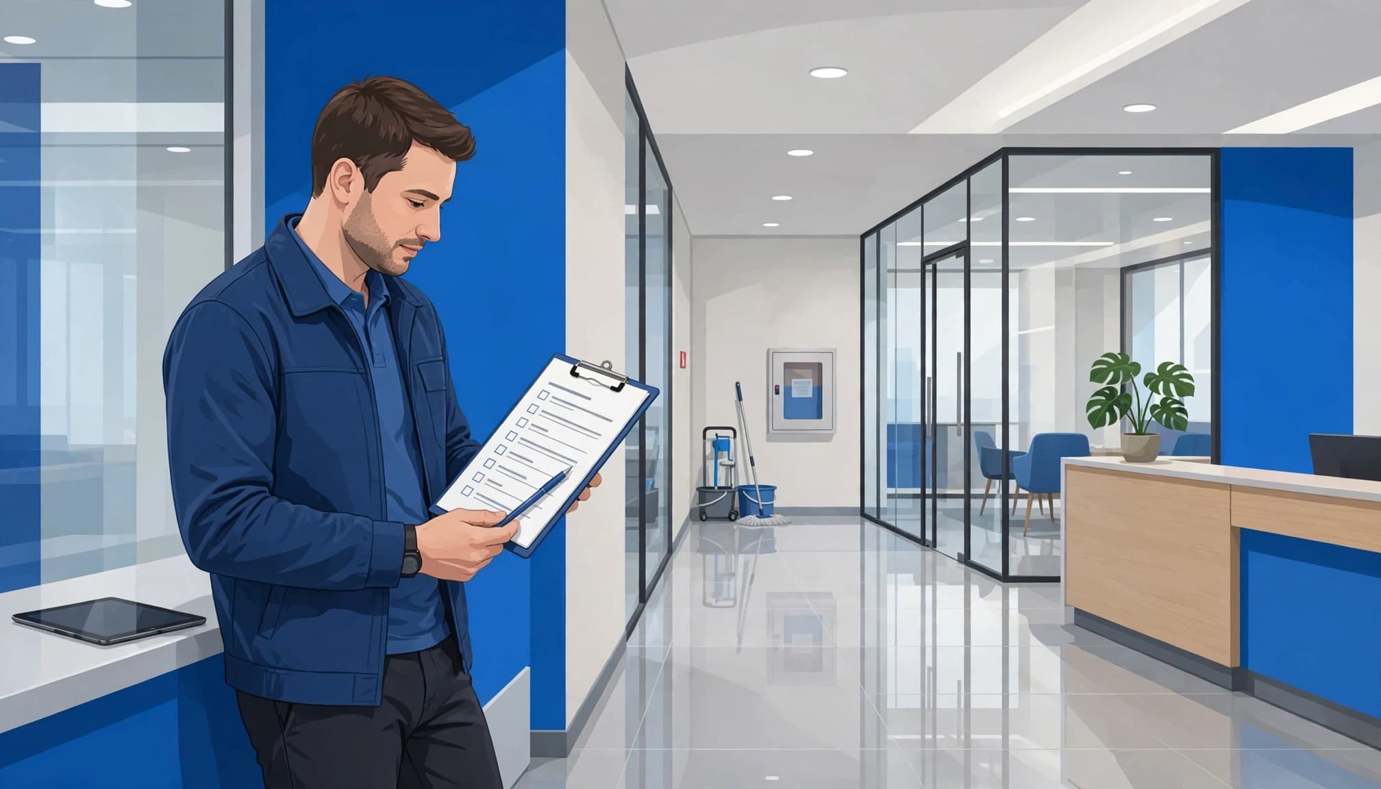 commercial cleaning inspection checklist review in a clean office corridor