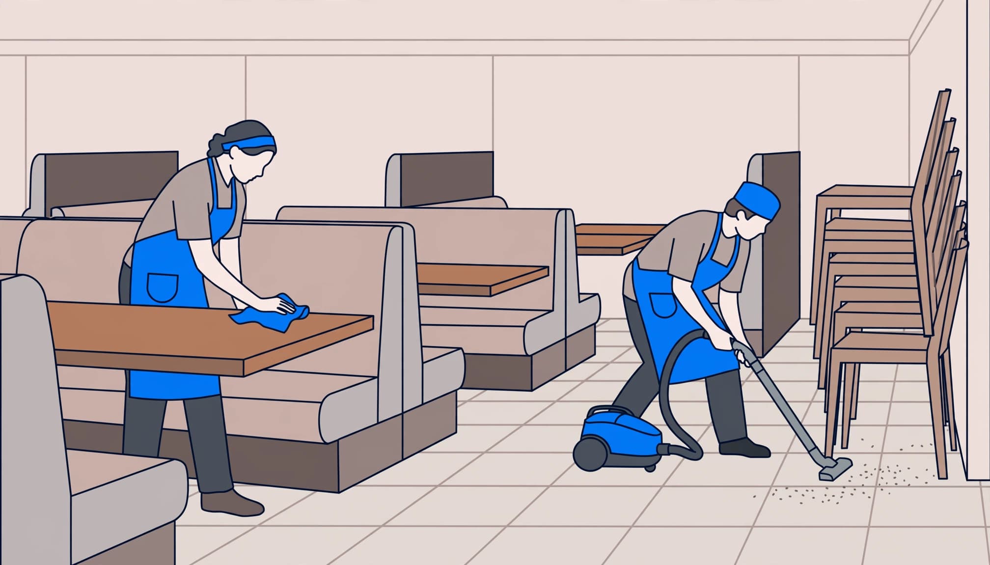 Two employees perform restaurant dining room cleaning between lunch and dinner service.