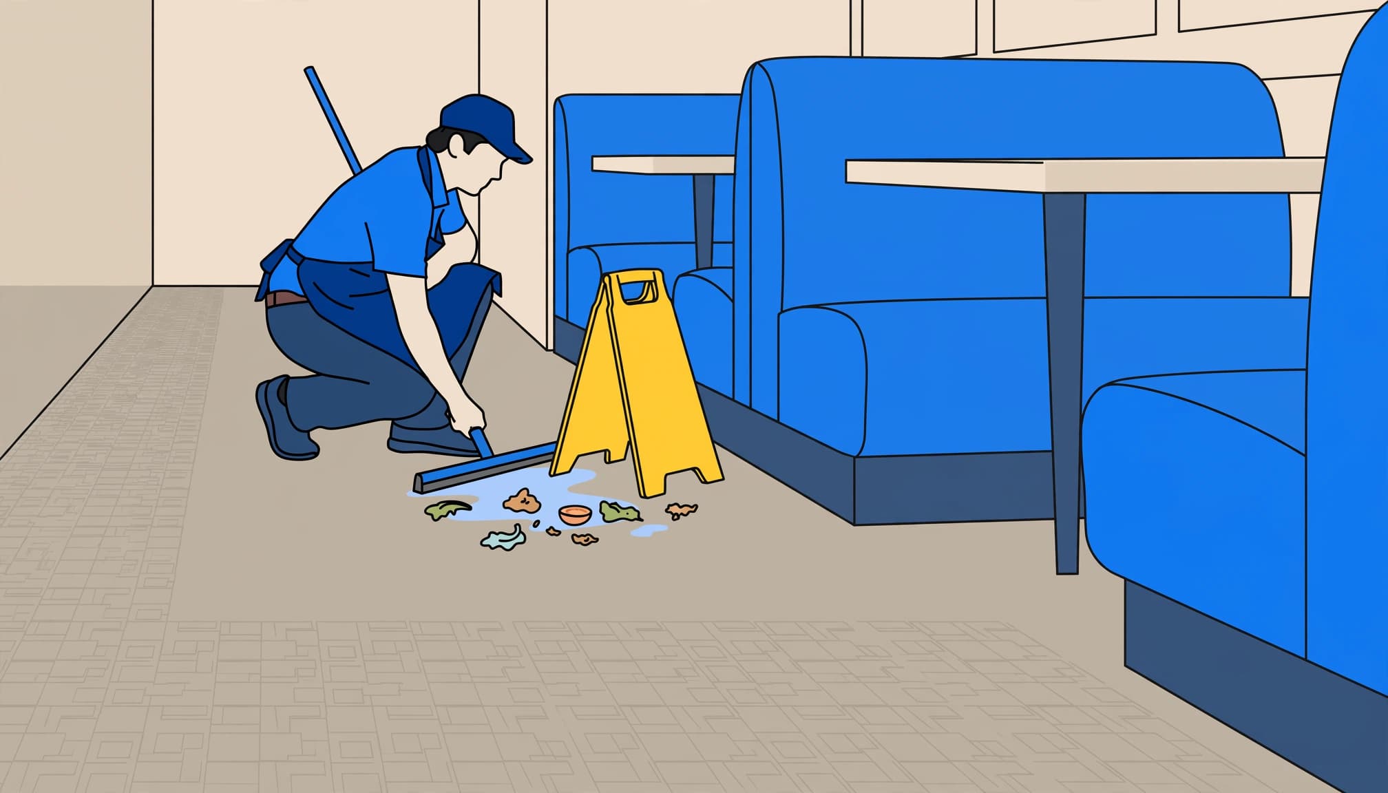 A staff member controls a floor spill during restaurant dining room cleaning.
