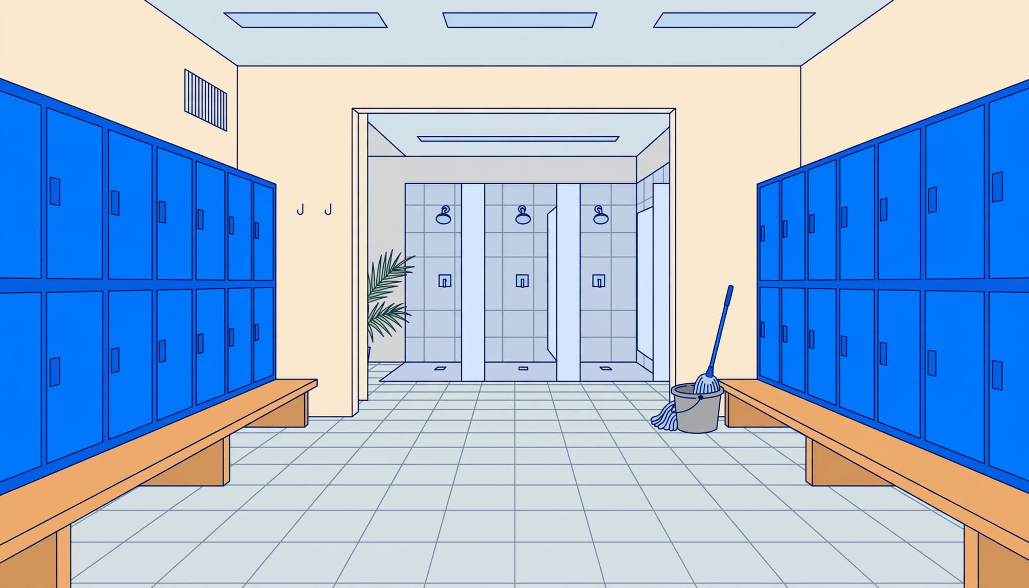 A gym locker room cleaning layout with blue lockers, benches, tile floors, and a shower entrance.