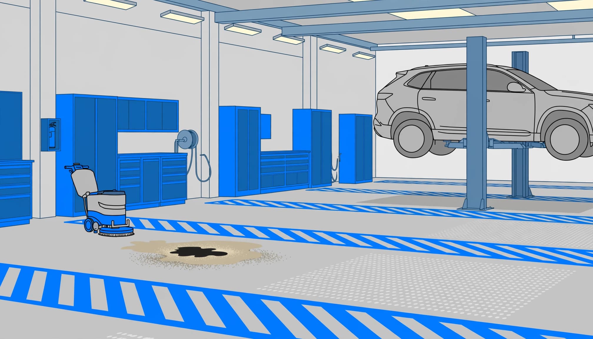 An illustration of an automotive service bay with a vehicle on a lift, blue cabinets, and a spill on the floor.