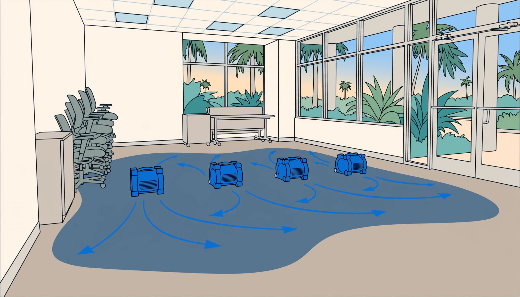 Illustration of commercial carpet drying with air movers positioned across an office floor