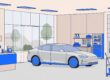 A polished car in a clean dealership showroom beside an orderly service bay and cleaning cart.
