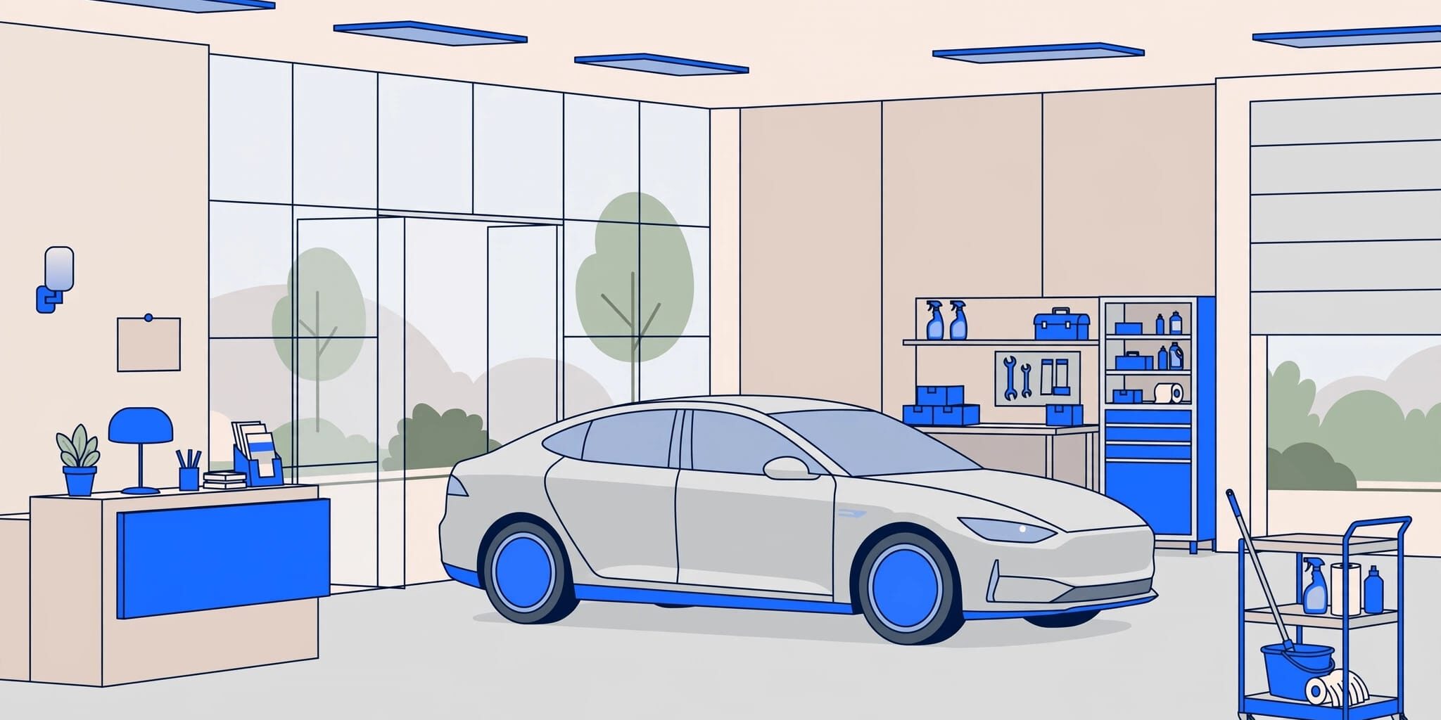 Dealership Showroom and Service Bay A polished car in a clean dealership showroom beside an orderly service bay and cleaning cart.