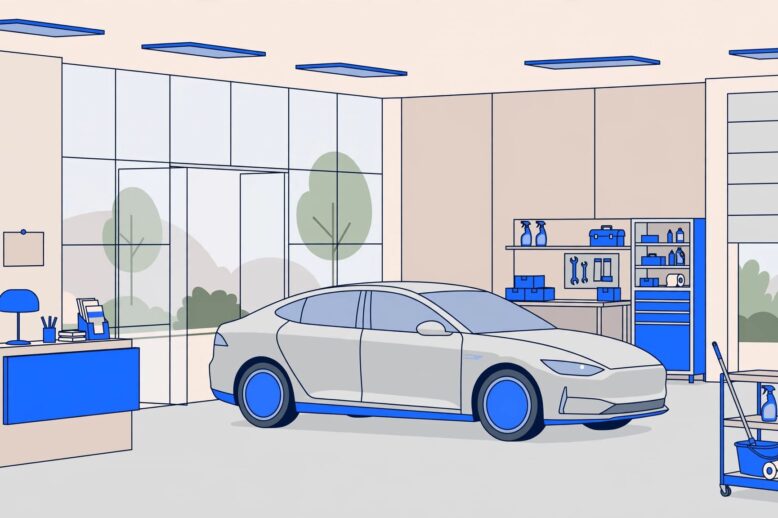 Dealership Showroom and Service Bay A polished car in a clean dealership showroom beside an orderly service bay and cleaning cart.