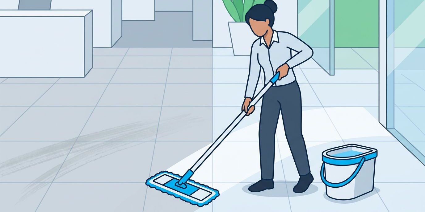 A cleaner mops a commercial floor beside a bucket, with residue streaks next to a clean section.