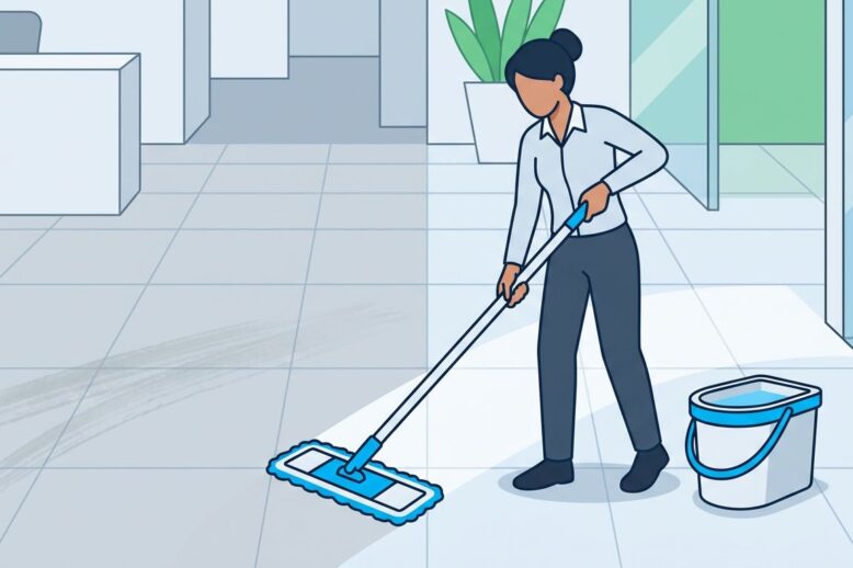A cleaner mops a commercial floor beside a bucket, with residue streaks next to a clean section.