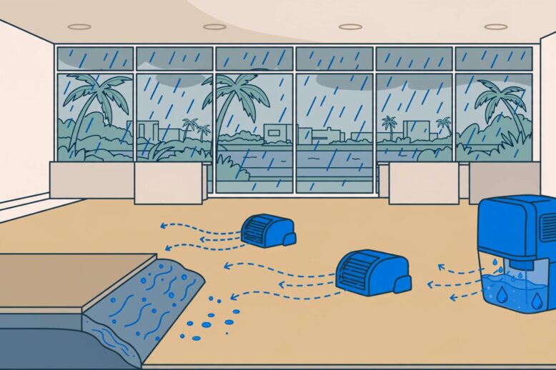 Air movers and a dehumidifier dry an office carpet above damp padding.