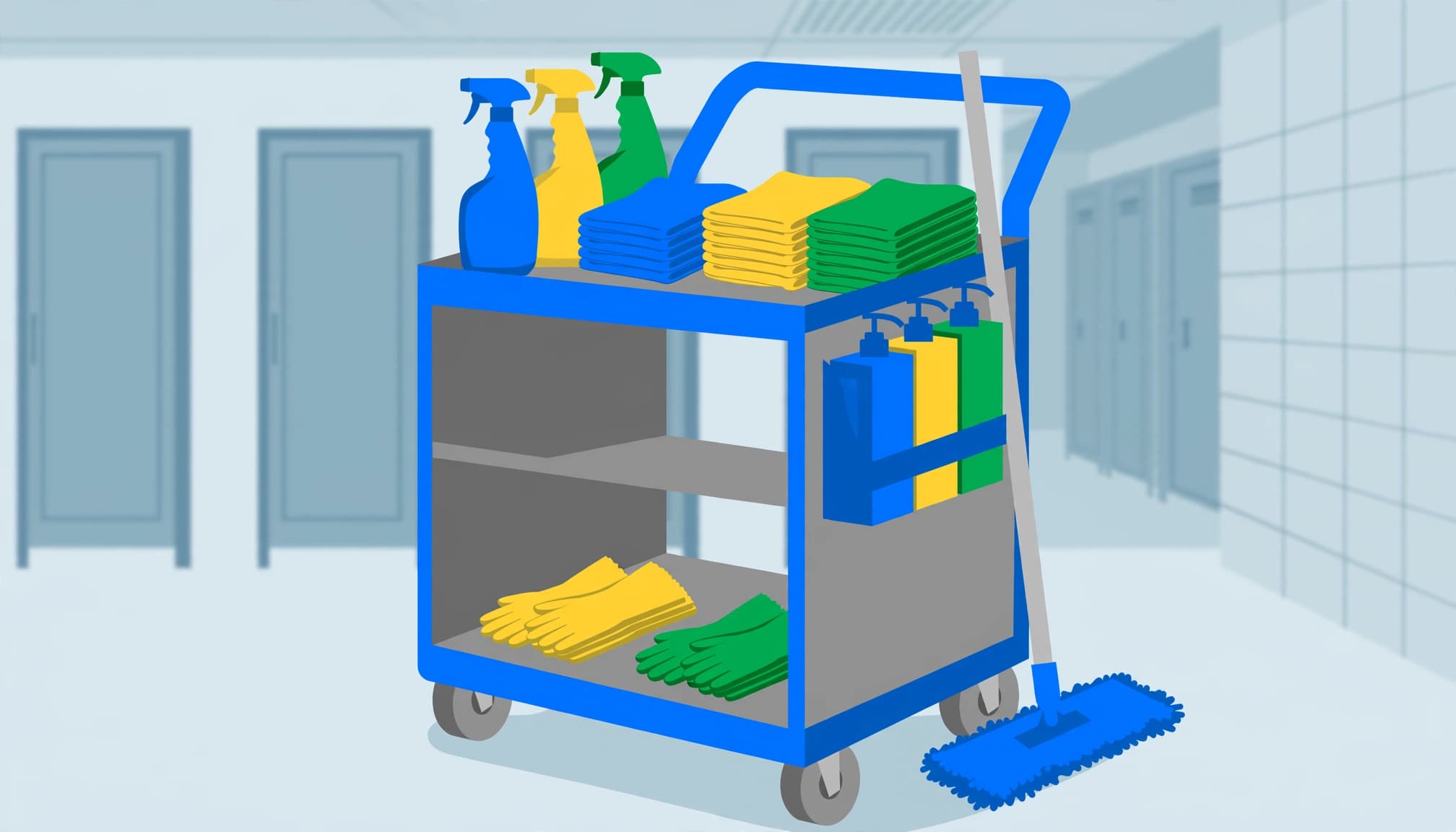 An organized gym locker room cleaning cart with microfiber cloths, a mop, spray bottles, gloves, and a dispenser.