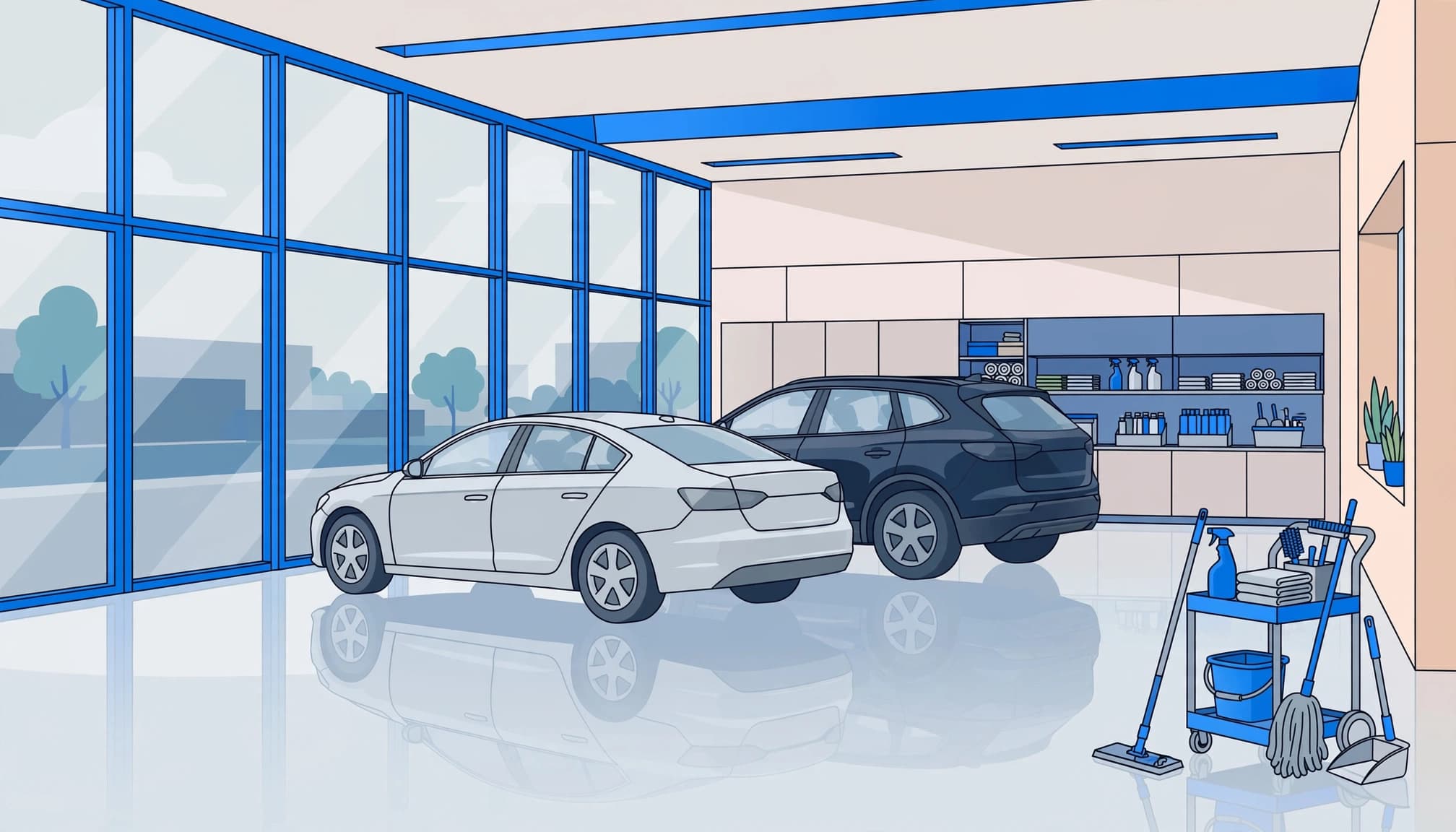 An auto dealership cleaning checklist showing showroom floors, glass, and display vehicles.