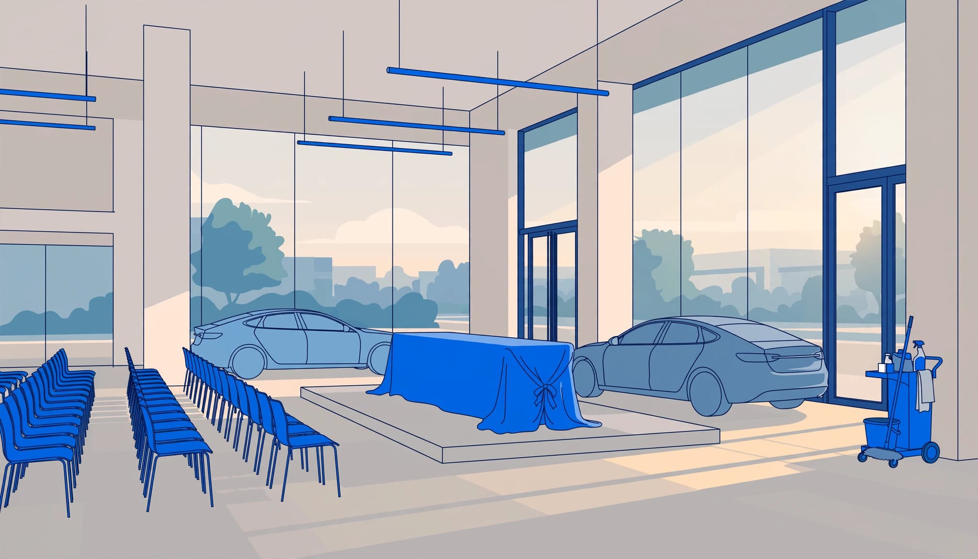 A clean auto showroom with two cars, rows of blue chairs, a covered platform, and a cleaning trolley.