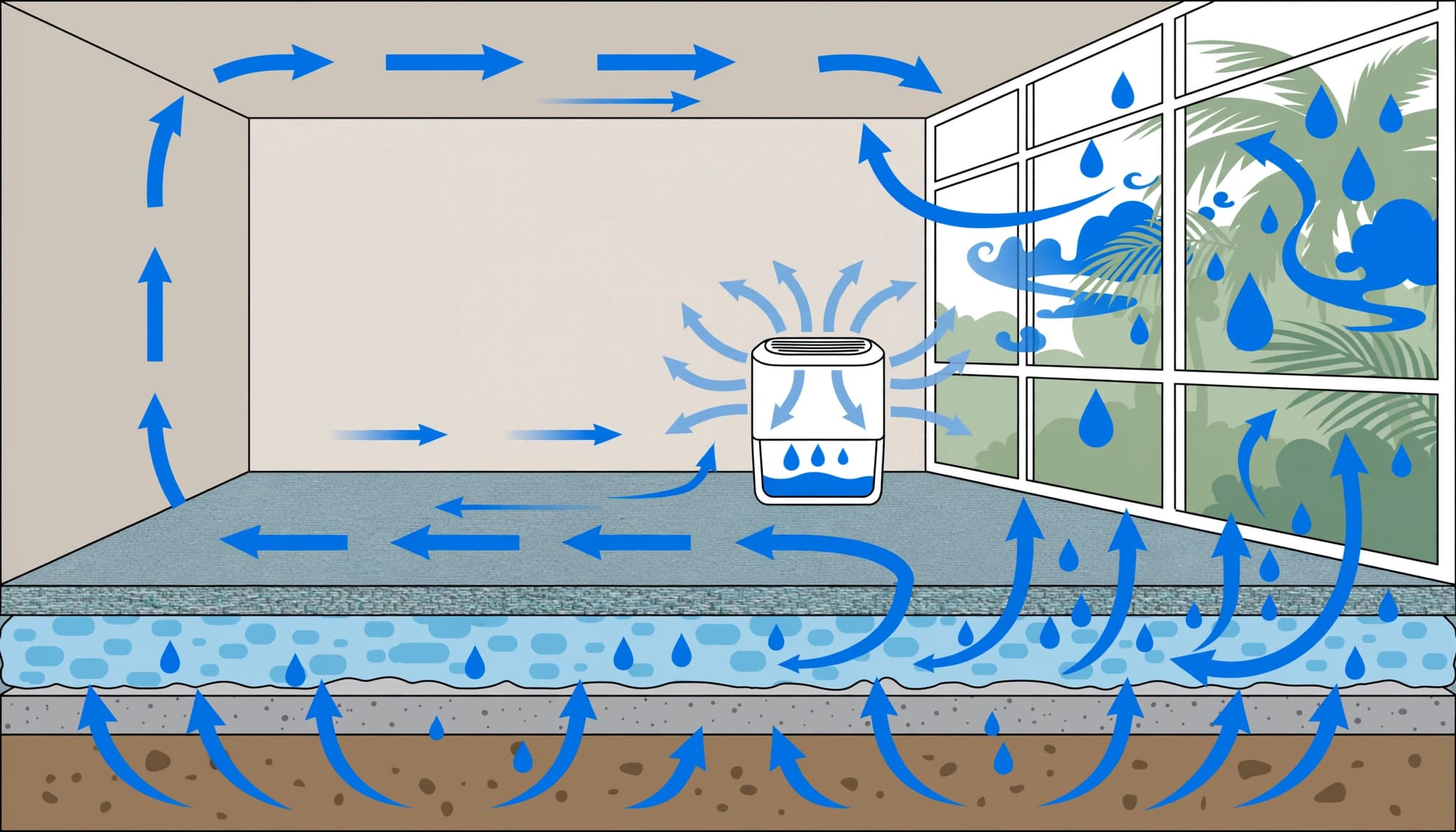 Illustration of commercial carpet drying with moisture beneath carpet layers and a dehumidifier